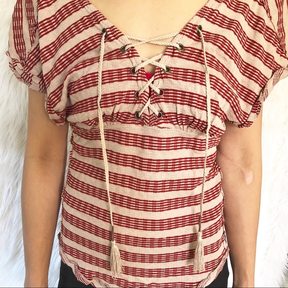 💎 Free People stripe lace up deep v back blouse - Picture 6 of 8